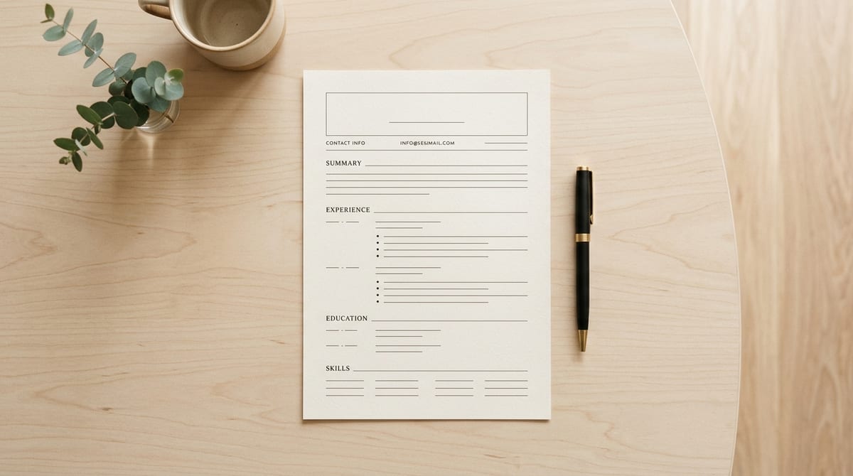 A clean CV draft prepared on a desk with a pen and notebook