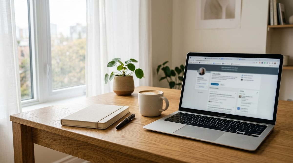 A workspace with a laptop, notebook, and coffee cup ready for job hunting