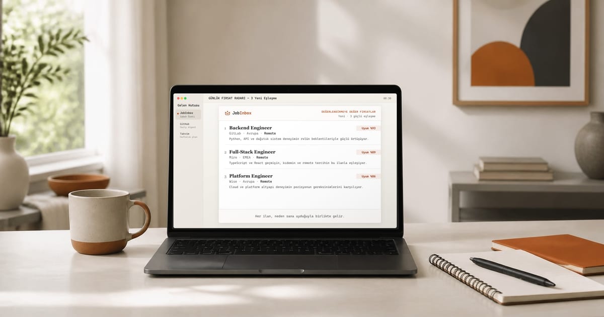 A calm desk with a laptop showing a JobInbox morning opportunity digest email